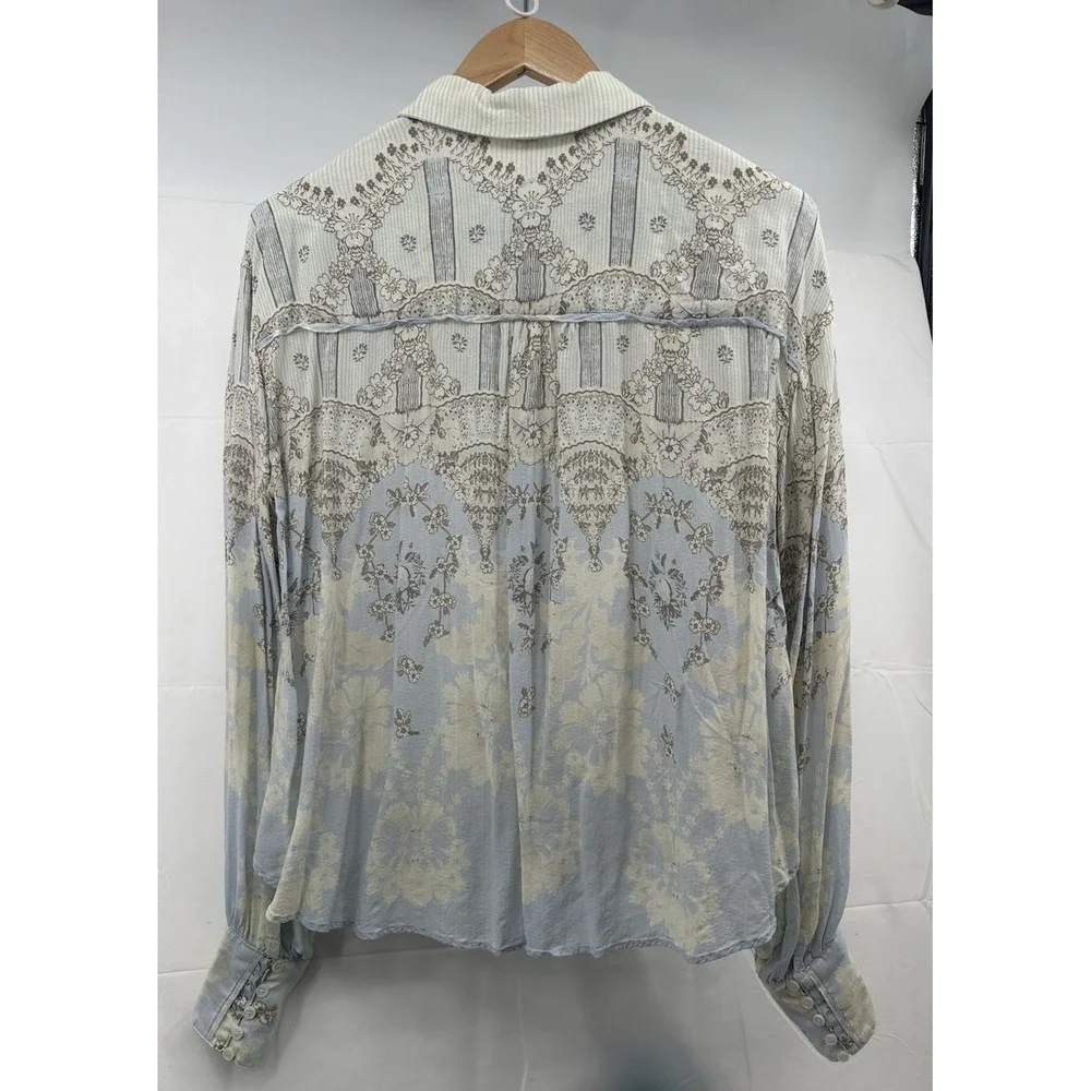 Free‎ People Virgo Baby Button Down Long Sleeve Floral Blue Stripes Boho Medium - Picture 5 of 10
